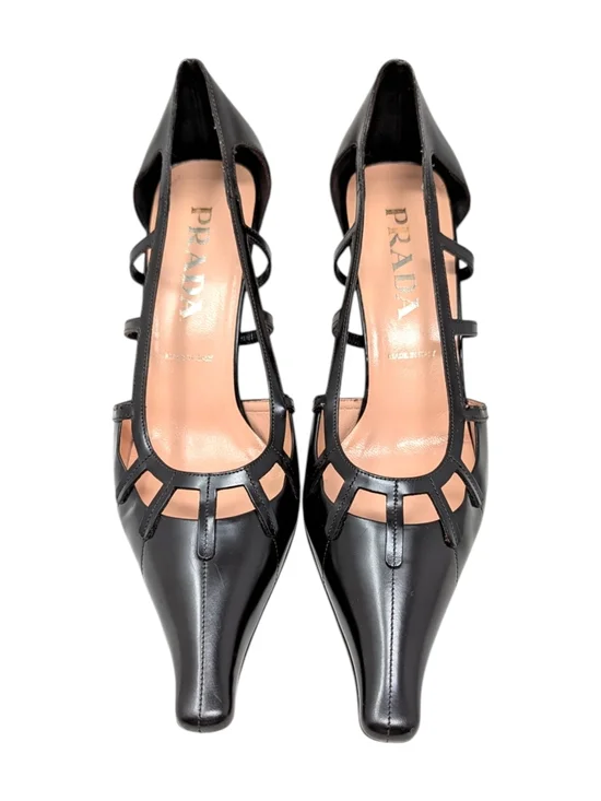 Prada Vintage Cutout Lattice Bondage Pointed Toe Kitten Heel Pump Brown 38.5 | 8 - Picture 3 of 12